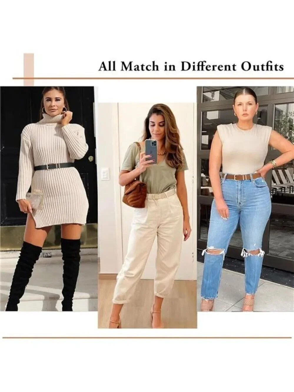 Womens Leather Belt Set Gold Buckle Belts for Jeans Dresses Pants Size 37-41 in